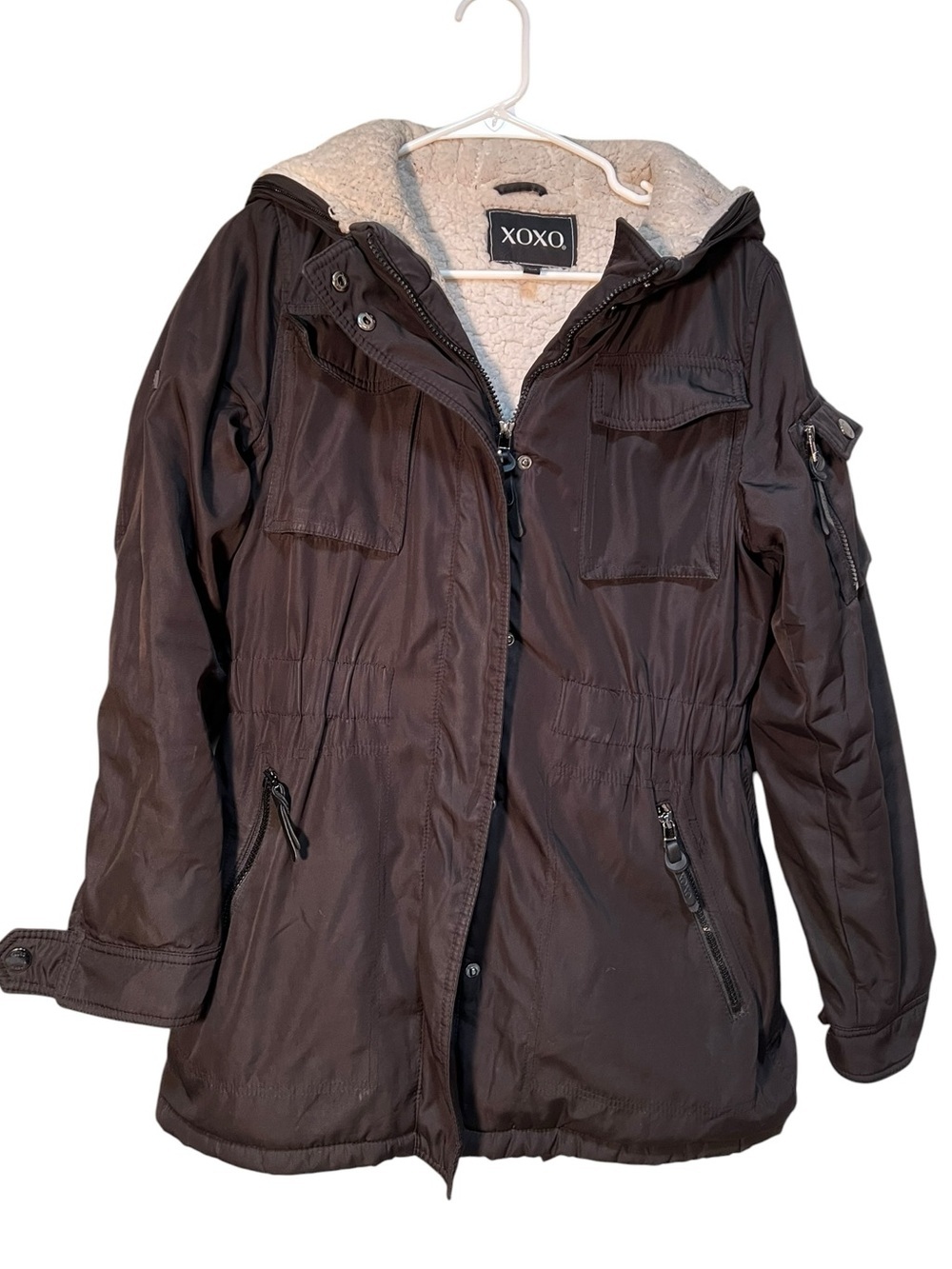 XOXO Women's Size Medium Raincoat Trench Coat Black Sherpa Lined Hooded X0135